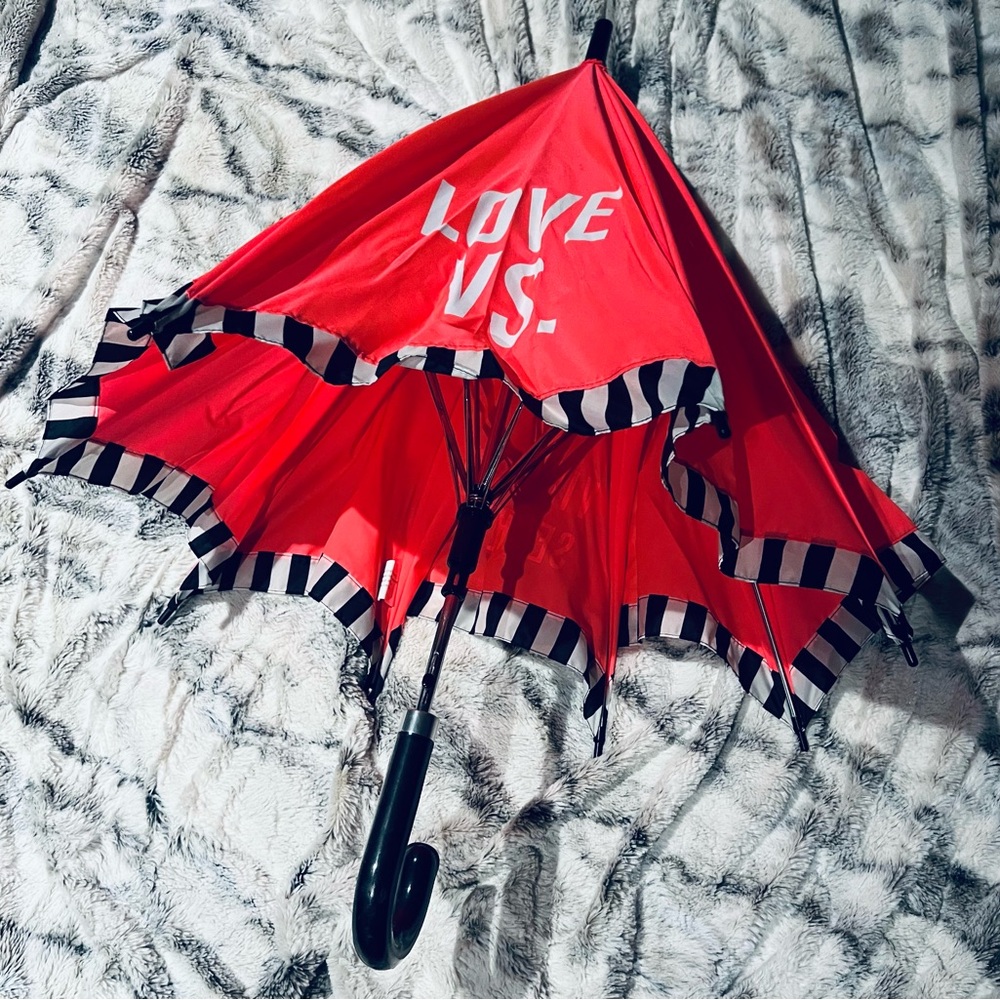 PINK Victoria's Secret Red Umbrella with Black-and-White Stripe Trim